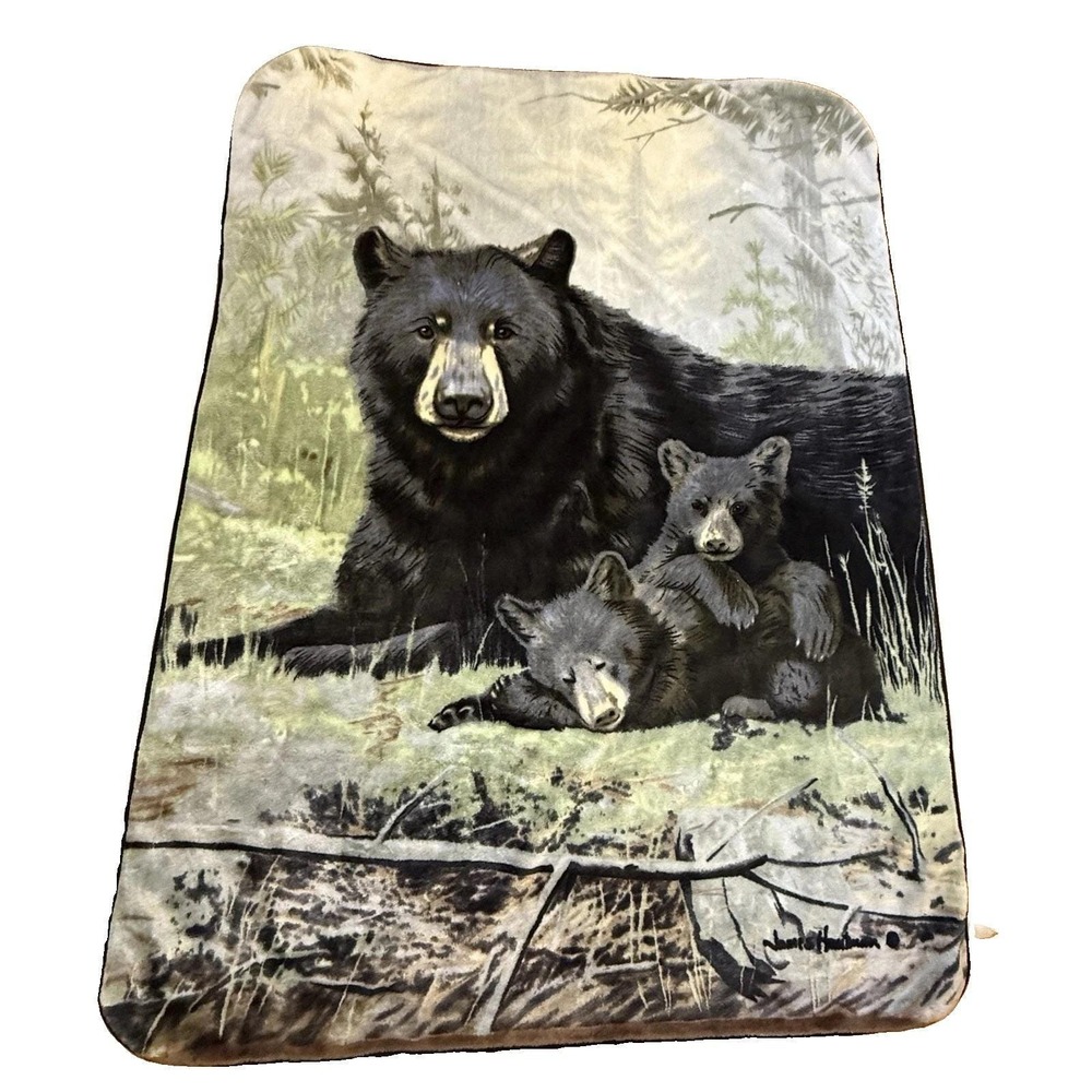 Vtg James Hautman Twilight Serenity Black Bear Cub Fleece Throw Blanket Cabin